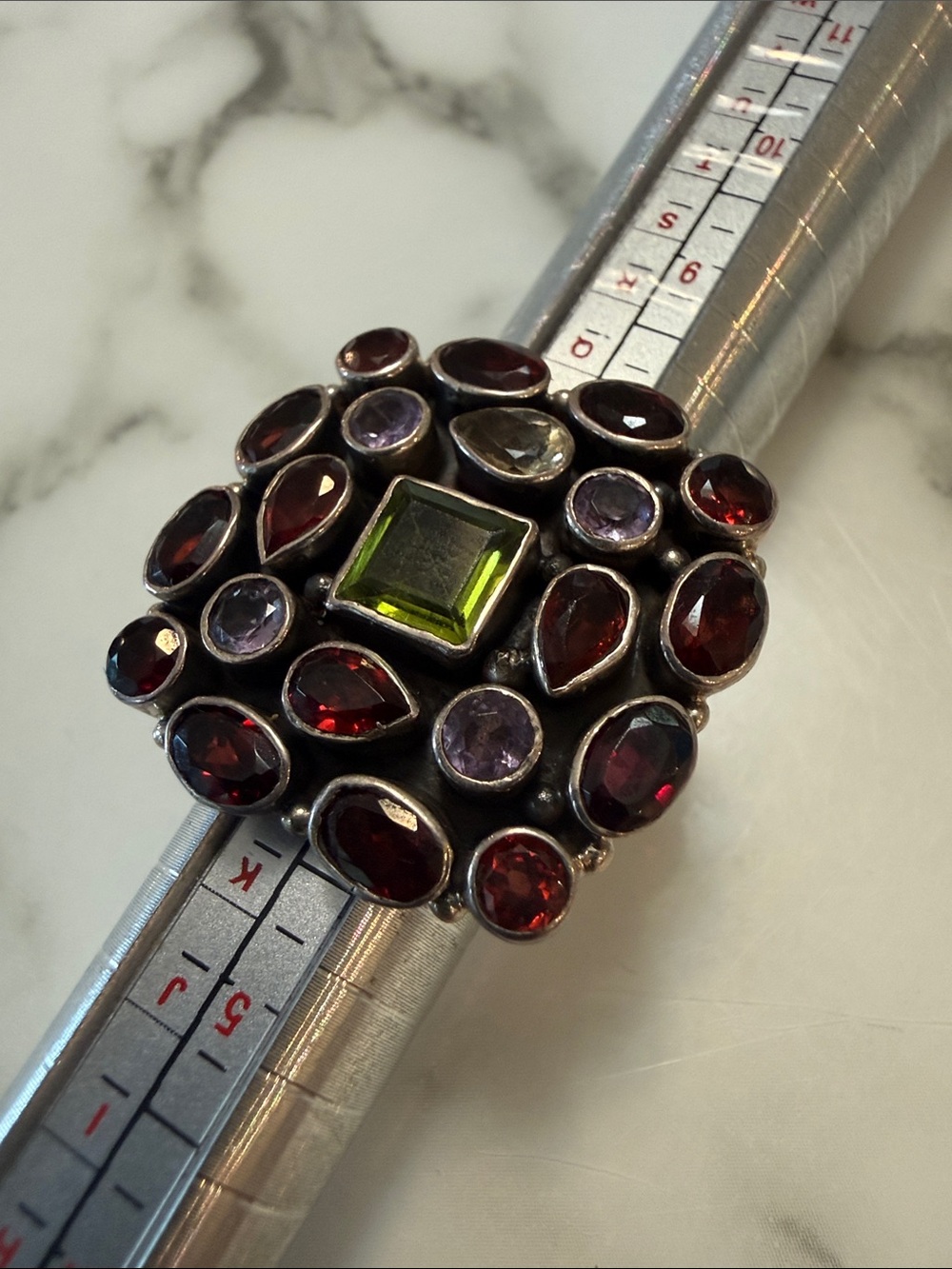 Sterling silver Multi-gemstone platter ring, size 7